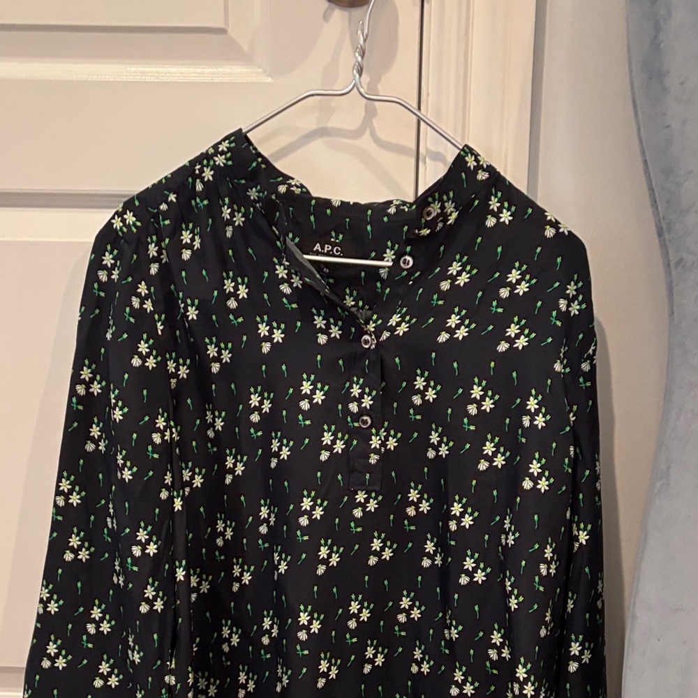 A.P.C. Black Floral Henley Blouse with Green Details. Size 42